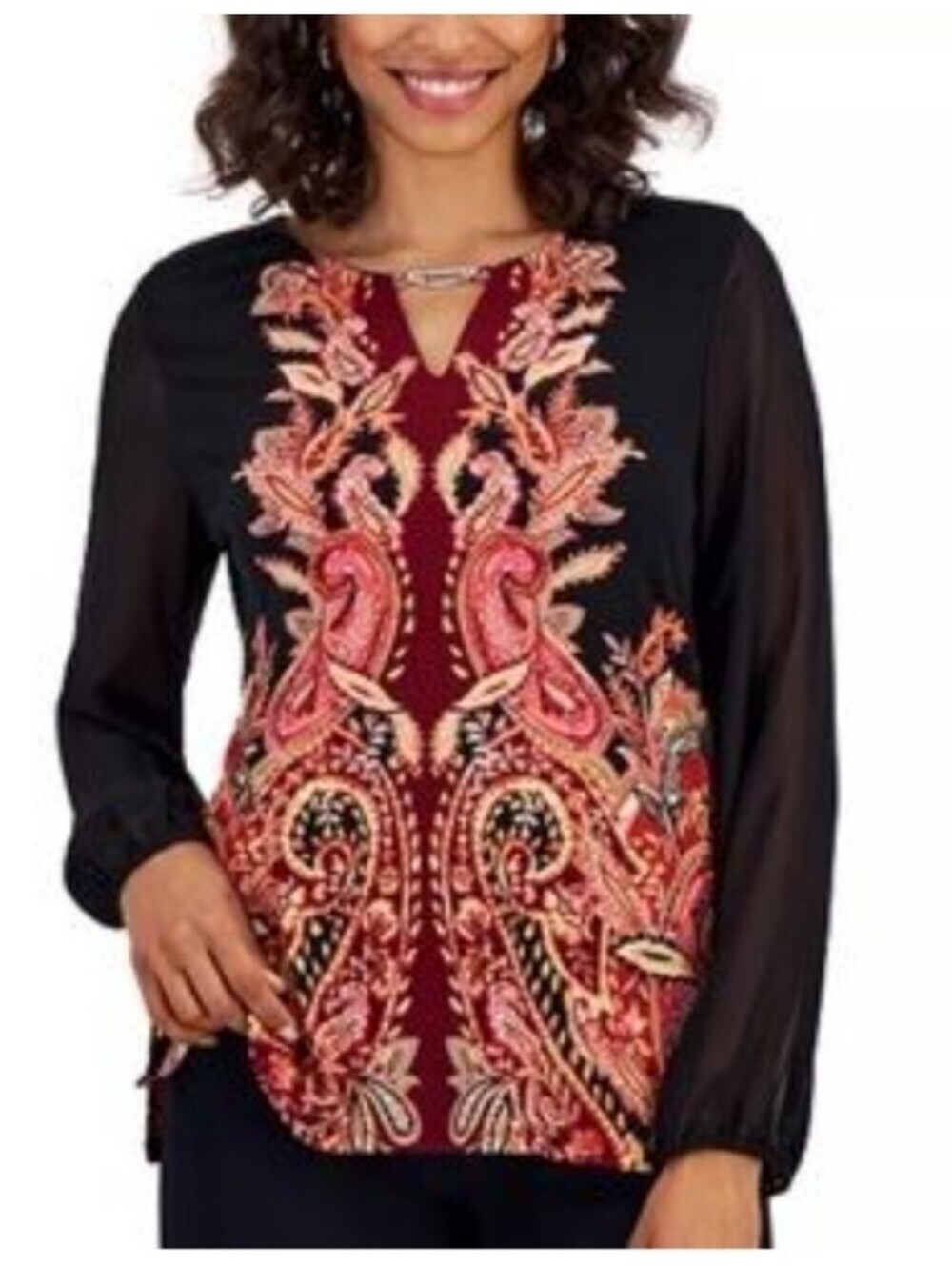 JM Collection Womens Black Red Rust Paisley Border Print Top Blouse Stretch Sz S